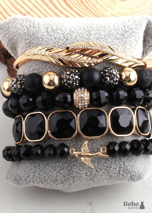 Boho Bracelet, RH Bracelet Set, Cubic Zircon Ball, Natural Stones Ball in Black and White